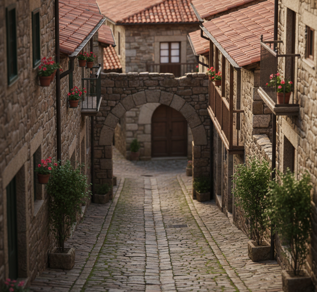 Calle empedrada del casco antiguo de Oropesa con casas tradicionales y arco de piedra.