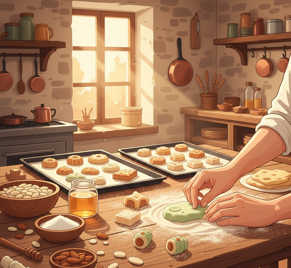 Obrador artesanal elaborando mazapán y dulces típicos de Oropesa.