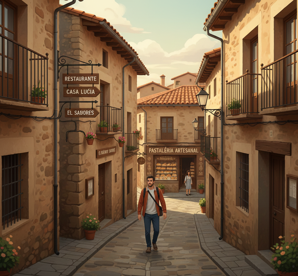 Calles del casco histórico de Oropesa con recorrido hacia restaurantes y pastelerías.