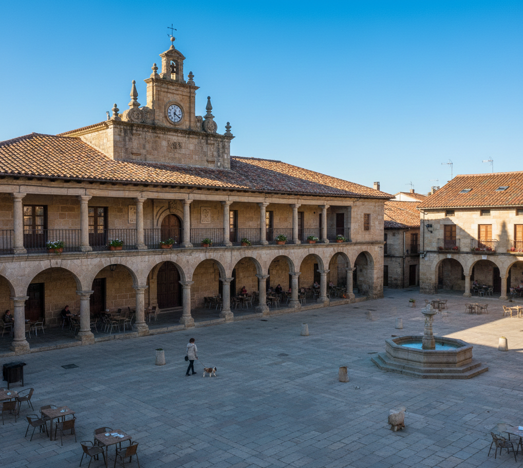 Plaza del Navarro en Oropesa con Ayuntamiento y ambiente tranquilo de mañana.