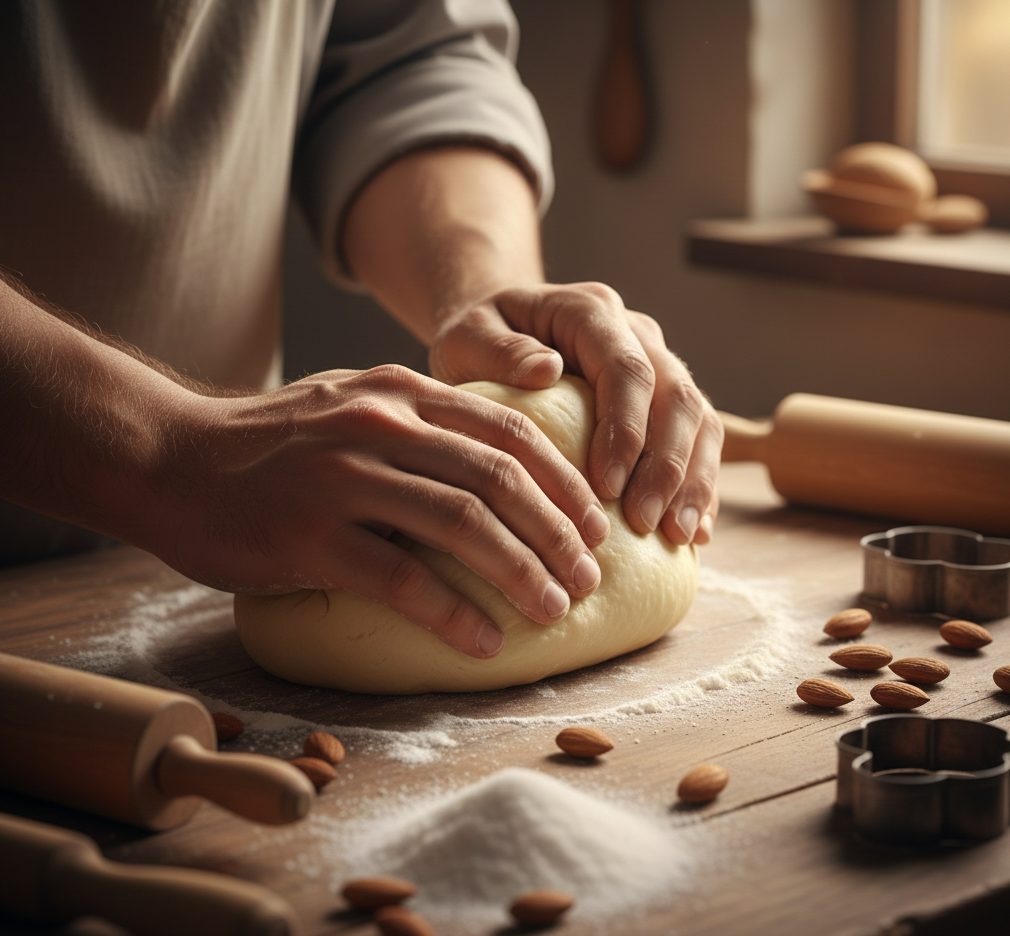 Manos moldeando mazapán artesanal con almendras y utensilios tradicionales.