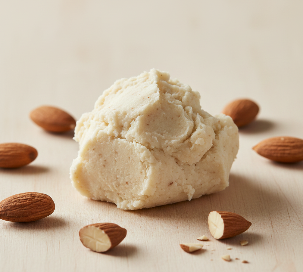 Almendras frescas y masa de mazapán recién molida en mesa de trabajo.