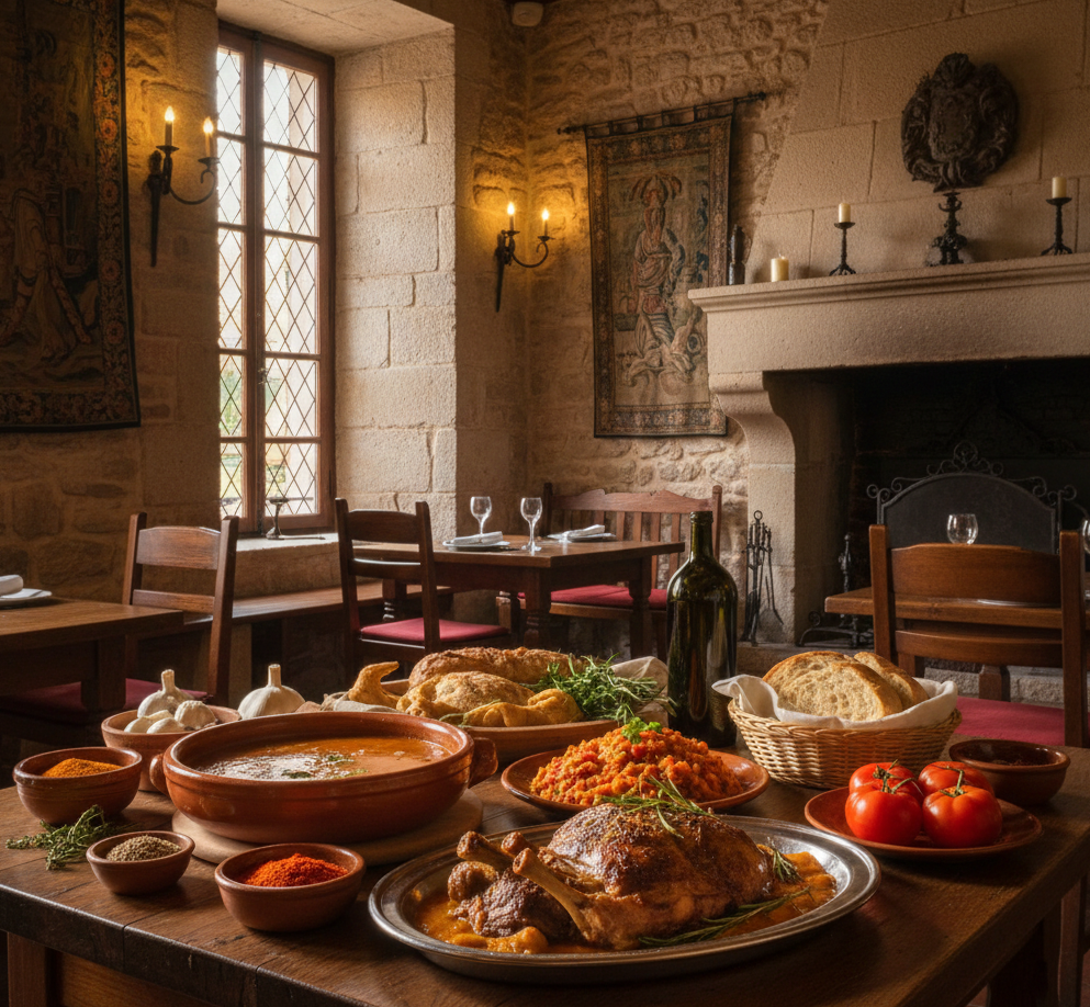 Mesa en restaurante de Oropesa con platos típicos y ambiente rústico.
