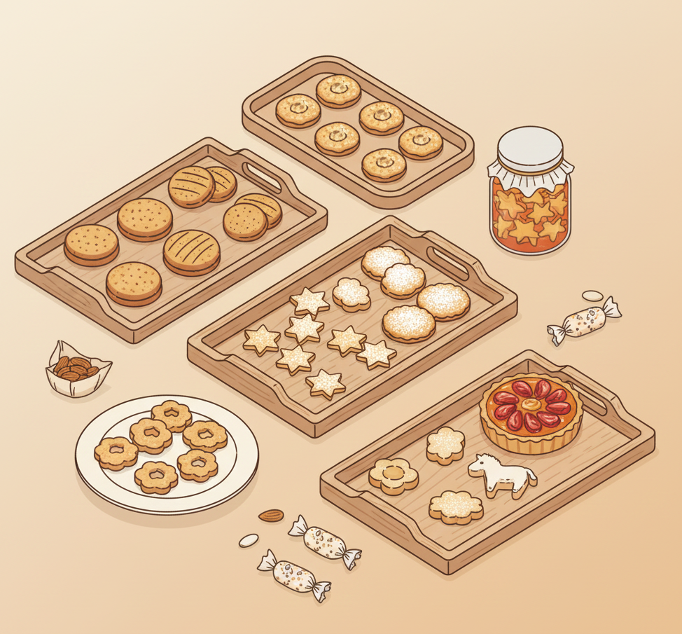 Selección de dulces artesanales en bandejas, estilo realista e iluminación cálida.