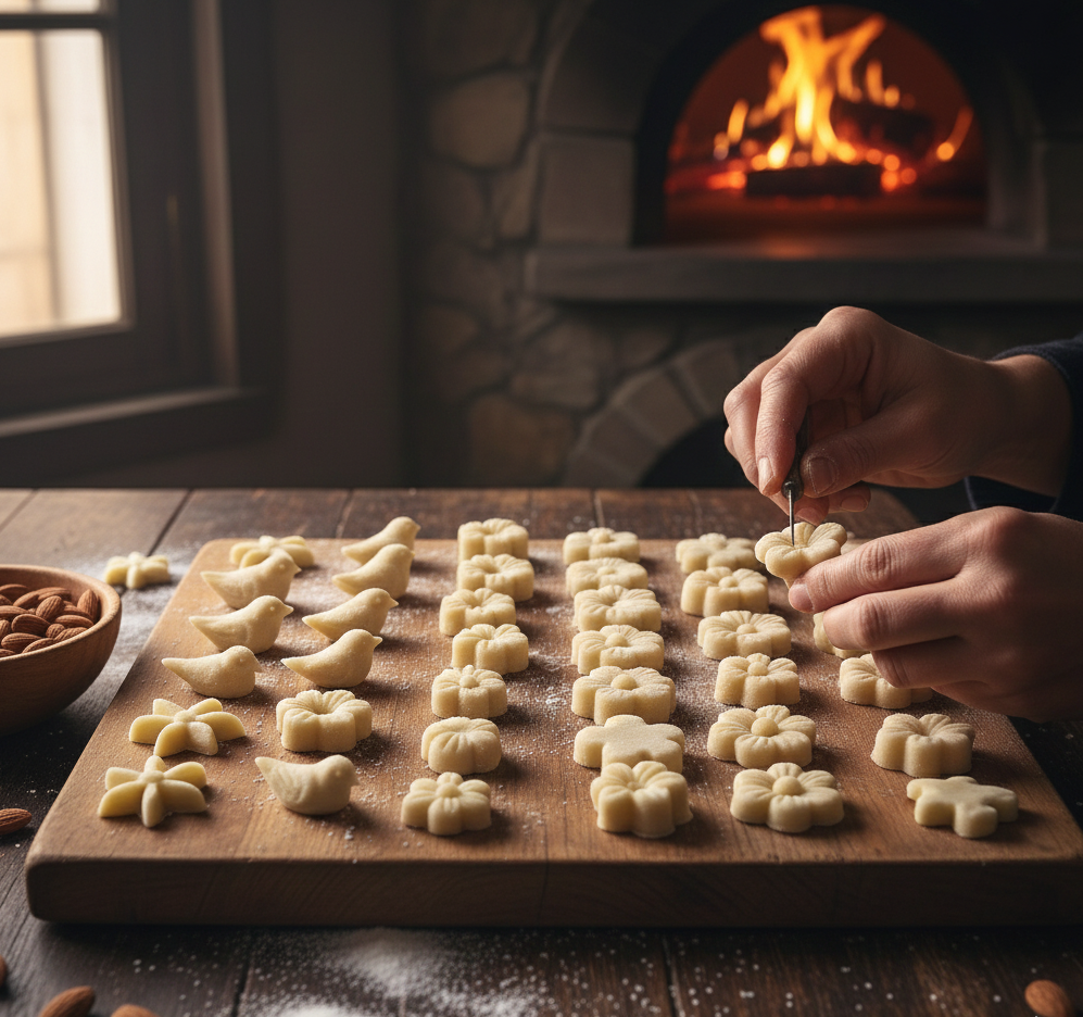Piezas de mazapán decoradas a mano en bandeja antes del horneado.