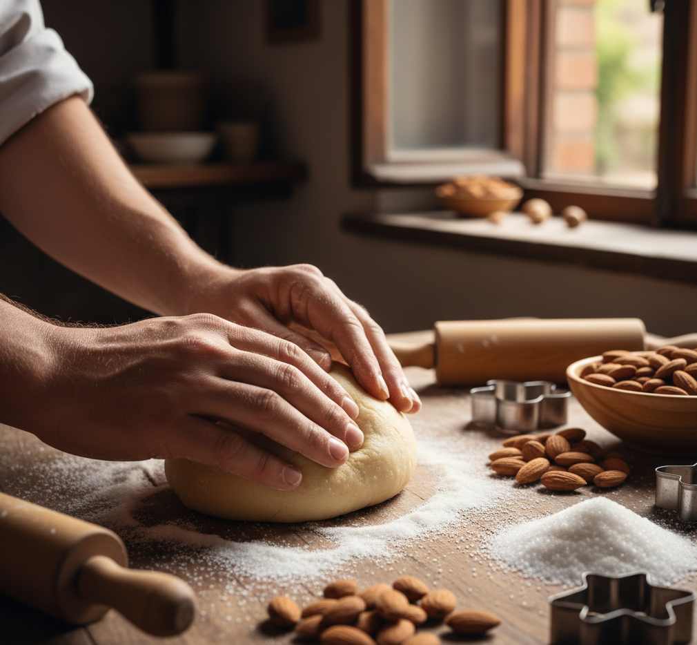 Manos trabajando mazapán artesanal en obrador tradicional.