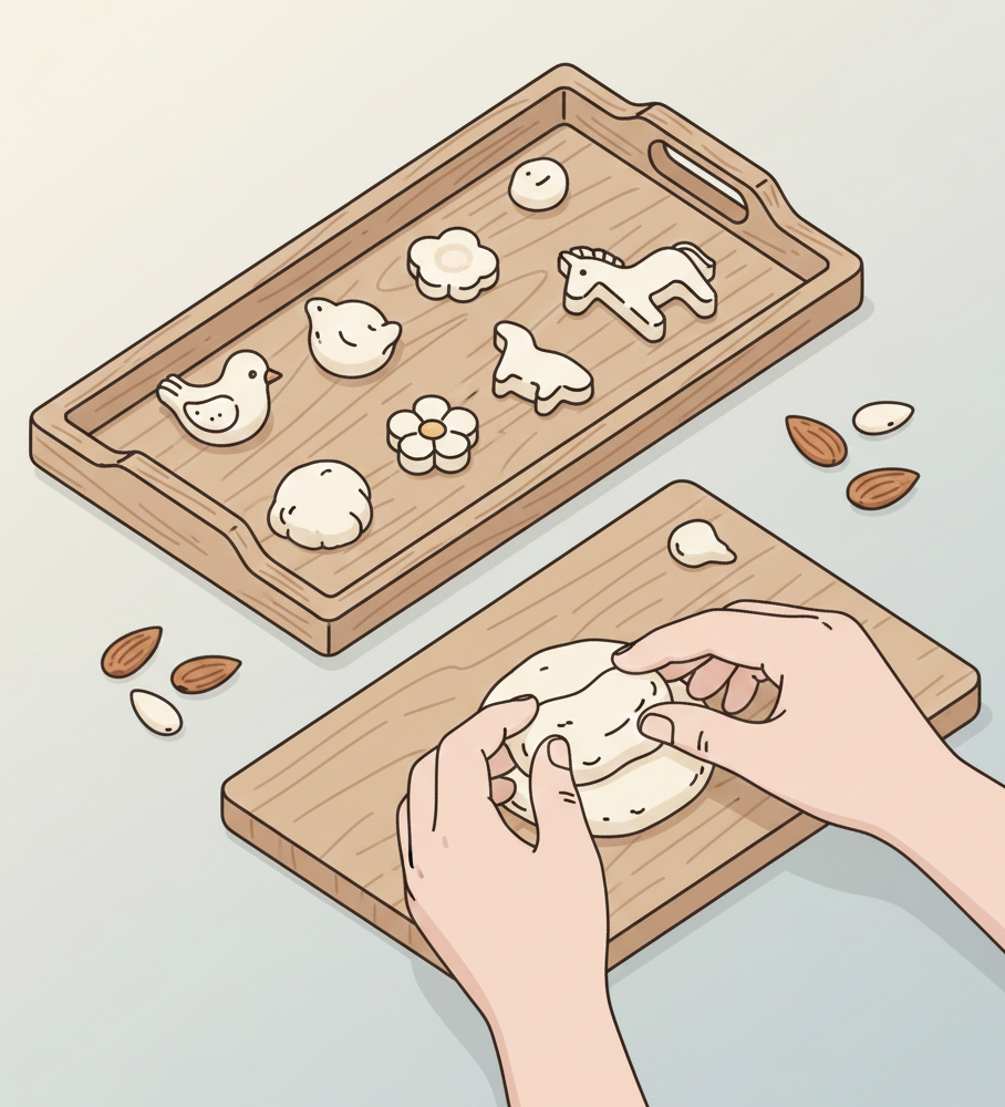 Piezas de mazapán moldeadas a mano sobre bandeja en obrador artesanal.