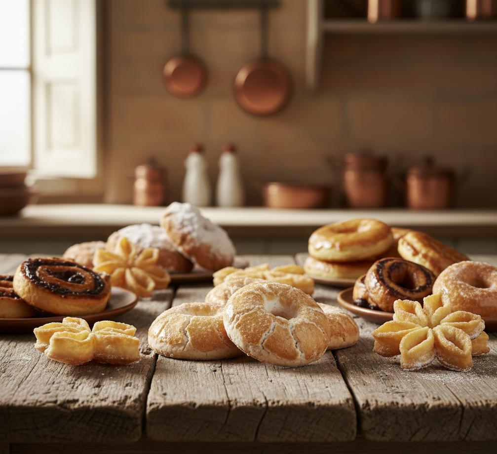 Selección de dulces tradicionales manchegos sobre mesa rústica.