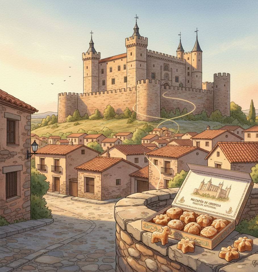 Castillo de Oropesa y caja de mazapán artesanal como producto típico local.